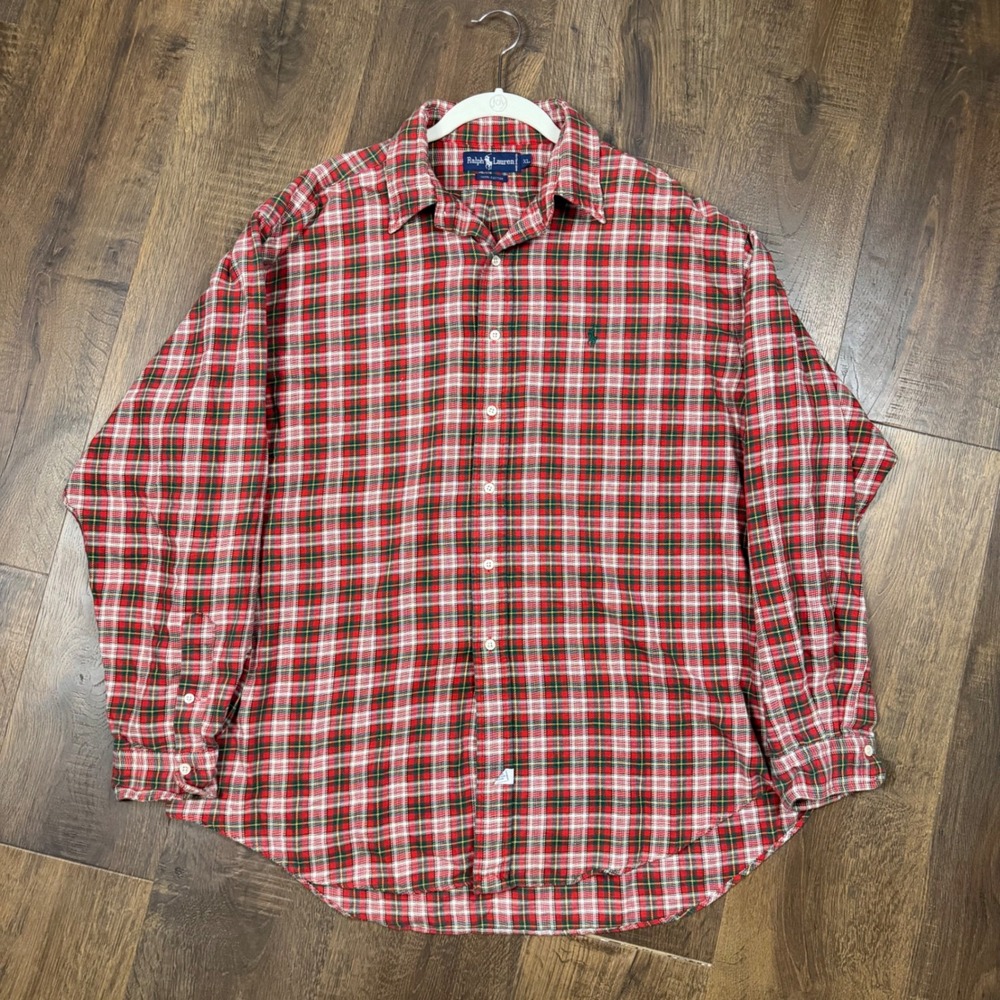 Ralph Lauren Men's XL Red Green Tartan Plaid Flannel Shirt 100% Cotton Christmas